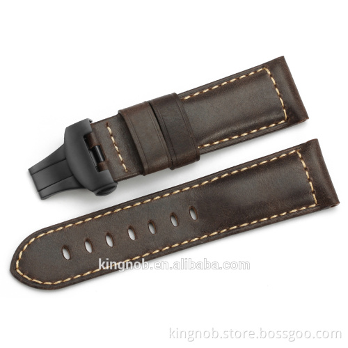 24mm Deployment Clasp Dark Brown Retro Genuine Leather Watch Strap